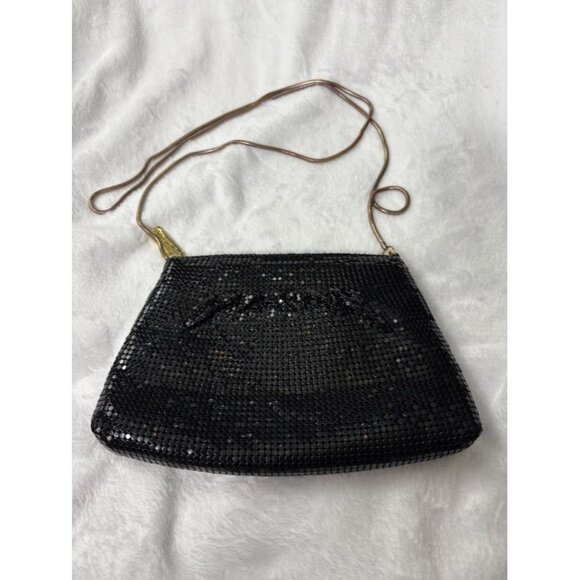 Whiting & Davis Black Mesh Crossbody Evening Bag with Gold Chain Strap - Picture 1 of 10